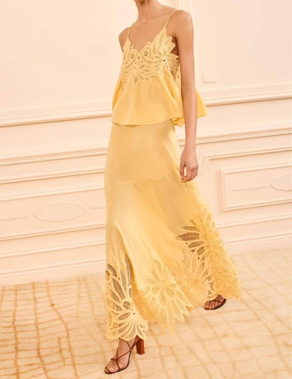 NEW ULLA JOHNSON oona lace applique midi skirt in dandelion